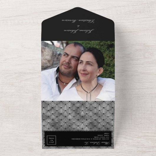 Luxe Chic Zilver Zwart Bruiloft All In One Uitnodiging (Buitenkant)