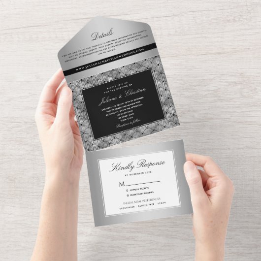 Luxe Chic Zilver Zwart Bruiloft All In One Uitnodiging (Afscheurbaar)