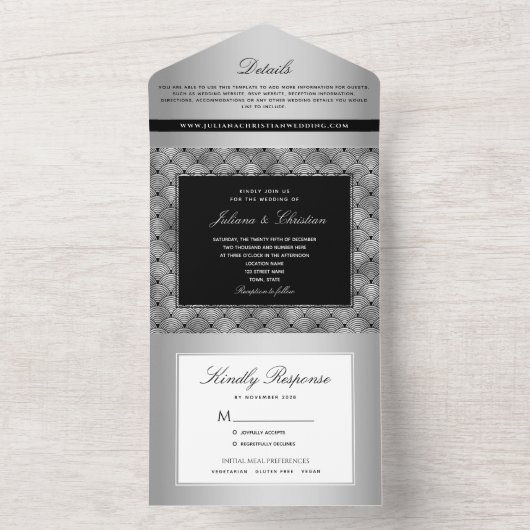 Luxe Chic Zilver Zwart Bruiloft All In One Uitnodiging (Binnen)