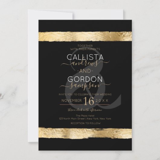 Luxe Chic Zwart Goud Brushstroke Border Wedding Kaart (Voorkant)