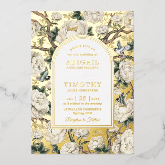 Luxe Chinoiserie Ivoor Bloemen Vogels Bruiloft Folie Uitnodiging (Voorkant)