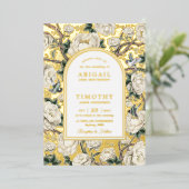 Luxe Chinoiserie Ivoor Bloemen Vogels Bruiloft Folie Uitnodiging (Staand Voorkant)