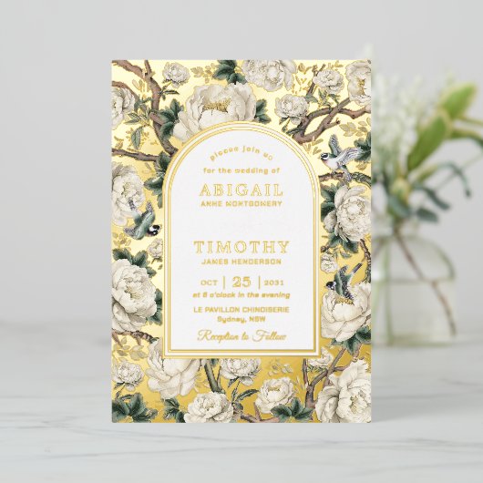 Luxe Chinoiserie Ivoor Bloemen Vogels Bruiloft Folie Uitnodiging (Staand Voorkant)