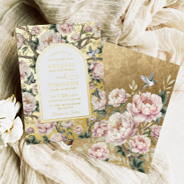 Luxe Chinoiserie Pioen Bloem Vogels Bruiloft Folie Uitnodiging