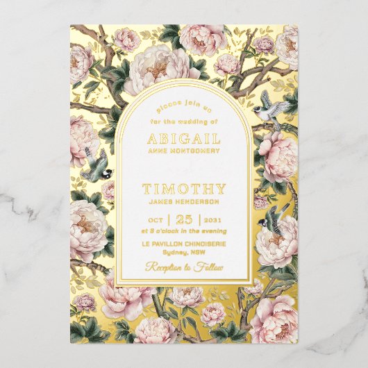 Luxe Chinoiserie Pioen Bloemen Vogels Bruiloft Folie Uitnodiging (Voorkant)