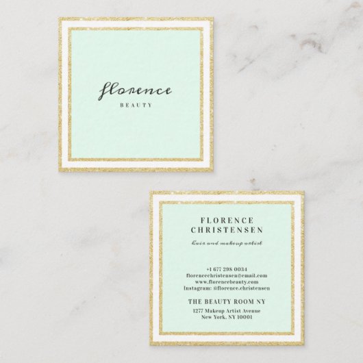 Luxe chique gouden glitter lijst mint groen en wit vierkante visitekaartje (Voorkant / Achterkant)