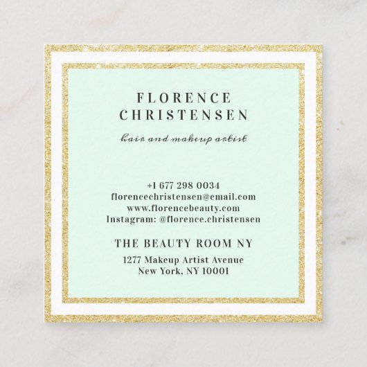 Luxe chique gouden glitter lijst mint groen en wit vierkante visitekaartje (Achterkant)