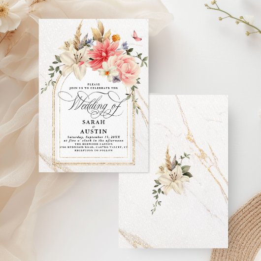 Luxe chique kalligrafie roze bloemenbruiloft kaart