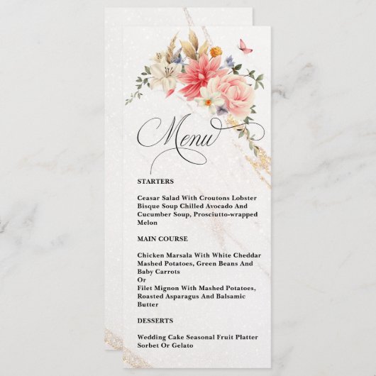 Luxe chique kalligrafie roze bloemenbruiloft menu (Voorkant / Achterkant)