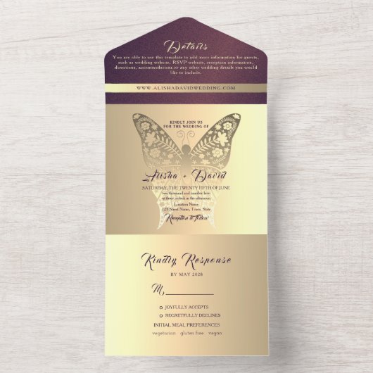 Luxe chique Paarse bruiloft All In One Uitnodiging (Binnen)