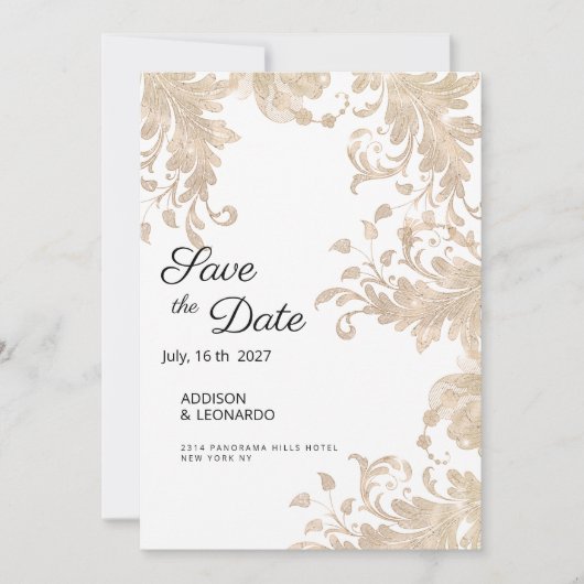Luxe chique wit goud bloemenkant Save the Date Kaart (Voorkant)