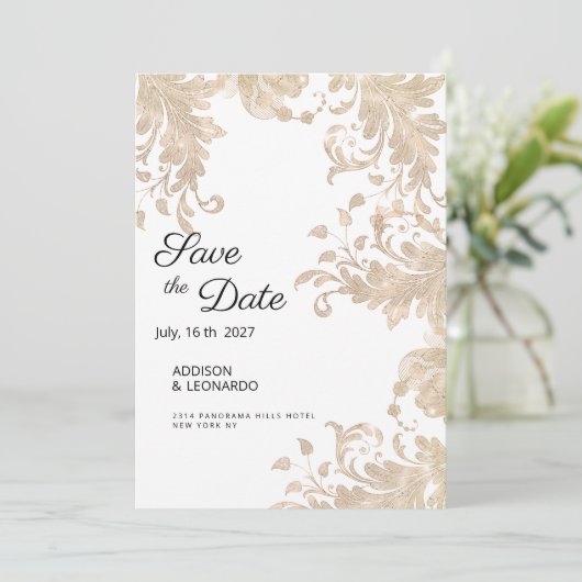 Luxe chique wit goud bloemenkant Save the Date Kaart (Staand voorkant)