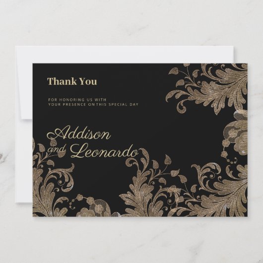 Luxe chique zwart goud bloemenkant Dank U Kaart (Voorkant)