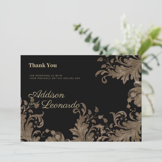 Luxe chique zwart goud bloemenkant Dank U Kaart (Staand voorkant)
