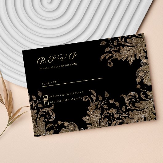 Luxe chique zwart goud bloemenkant RSVP Kaart