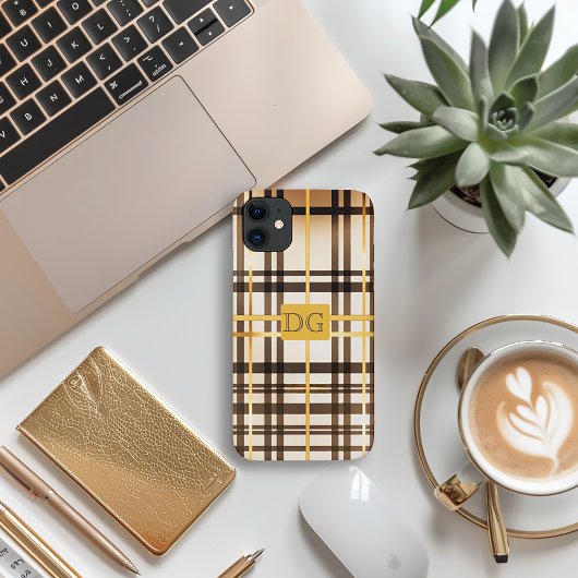 Luxe Classic Taupe en Gold Plaid iPhone Case