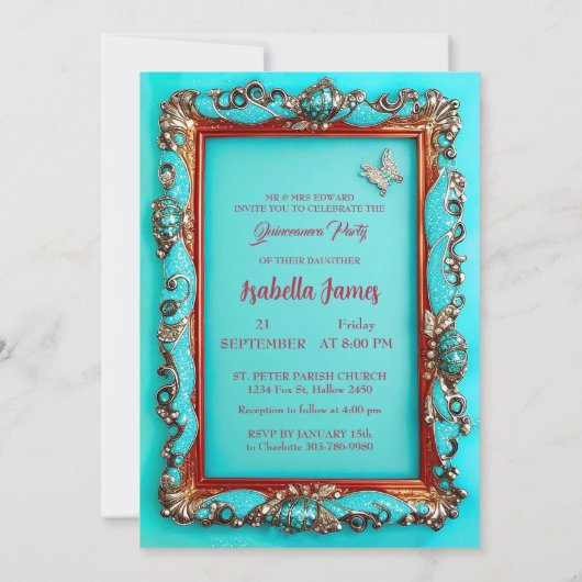luxe classy goud turquoise Vlinder Quinceanera Kaart (Achterkant)