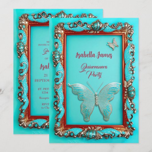 luxe classy goud turquoise Vlinder Quinceanera Kaart (Voorkant / Achterkant)
