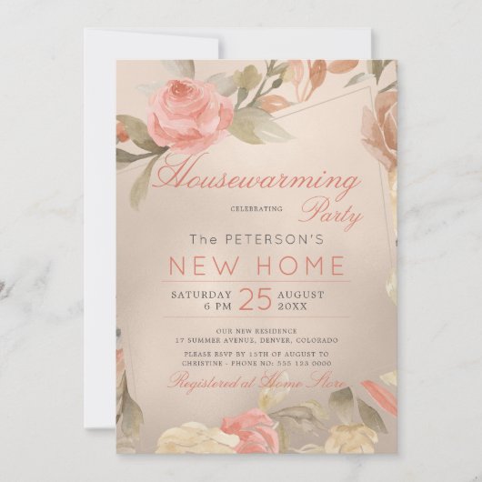 Luxe Coral Gold Foil Floral Housewarming Party Kaart (Voorkant)