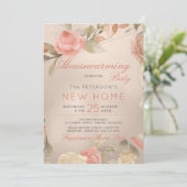 Luxe Coral Gold Foil Floral Housewarming Party Kaart (Staand voorkant)