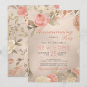 Luxe Coral Gold Foil Floral Housewarming Party Kaart (Voorkant / Achterkant)