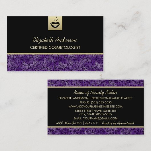 Luxe Cosmetologie Paarse Cheetah Make-up Artiest Visitekaartje (Voorkant / Achterkant)