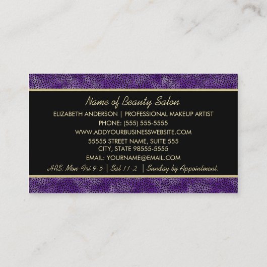Luxe Cosmetologie Paarse Cheetah Make-up Artiest Visitekaartje (Achterkant)