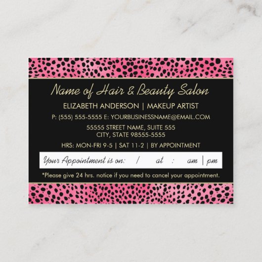 Luxe Cosmetologie Roze Cheetah Afspraak afdrukken Afsprakenkaartje (Achterkant)