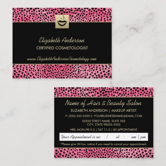 Luxe Cosmetologie Roze Cheetah Afspraak afdrukken Afsprakenkaartje (Voorkant / Achterkant)
