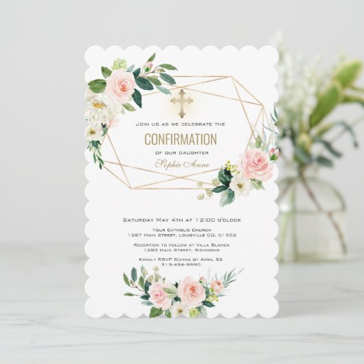 Luxe Crème Blush Bloem Goud Kruis Bevestiging Kaart (Staand voorkant)
