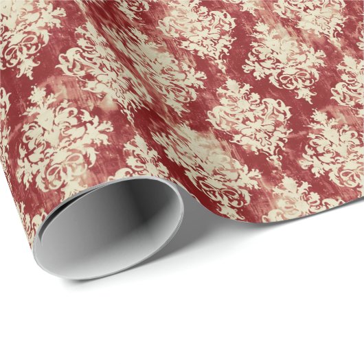 Luxe Crème en Rode Damask Pattern Cadeaupapier (Rol Hoek)