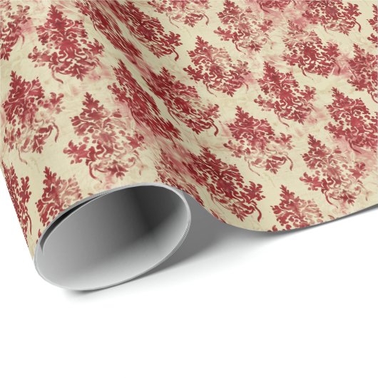 Luxe  Crème en Rode Damask Pattern Cadeaupapier (Rol Hoek)