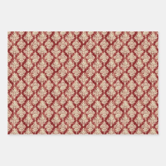 Luxe Crème en Rode Damask Pattern Inpakpapier Vel (Voorkant 2)