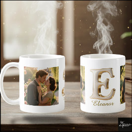 Luxe Cursieve Gouden Witte Initiaal E + 2 FOTO Koffiemok