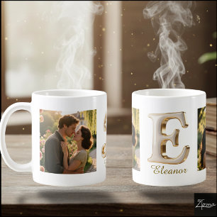 Luxe Cursieve Gouden Witte Initiaal E + 2 FOTO Koffiemok
