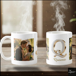 Luxe Cursieve Gouden Witte Initiaal Q + 2 FOTO Koffiemok