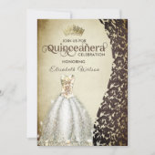  luxe damast gouden tiara Quinceañera Inv Kaart (Voorkant)
