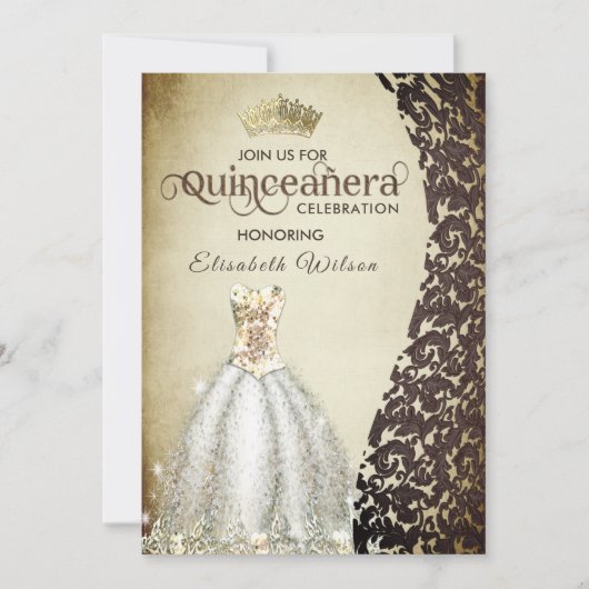  luxe damast gouden tiara Quinceañera Inv Kaart (Voorkant)