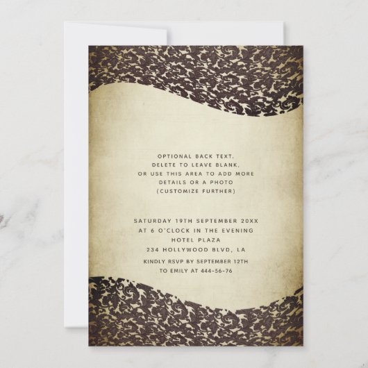 luxe damast gouden tiara Quinceañera Inv Kaart (Achterkant)