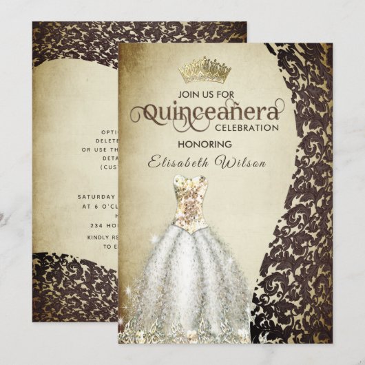  luxe damast gouden tiara Quinceañera Inv Kaart (Voorkant / Achterkant)