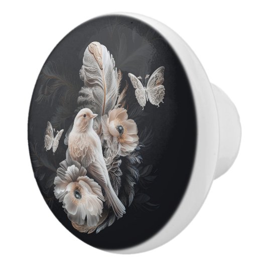 Luxe Dark Print Knop, Vogel, Bloem en Veer 1 Keramische Knop (Rechts)