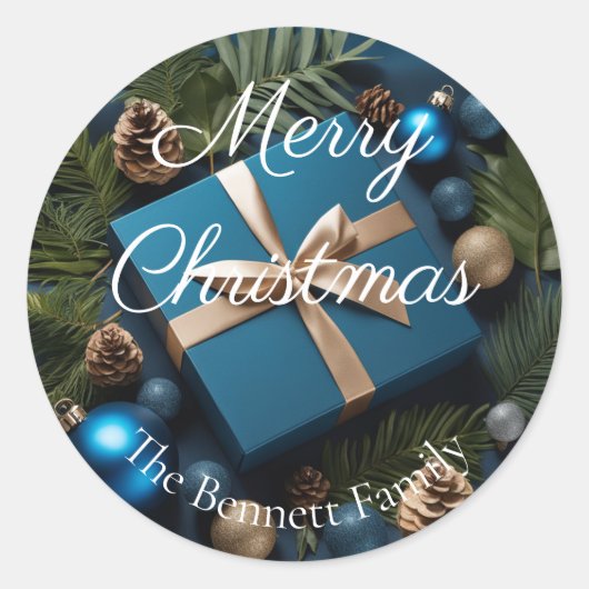 Luxe Deep Blue & Green Foliage Kerstcadeaus Ronde Sticker (Voorkant)
