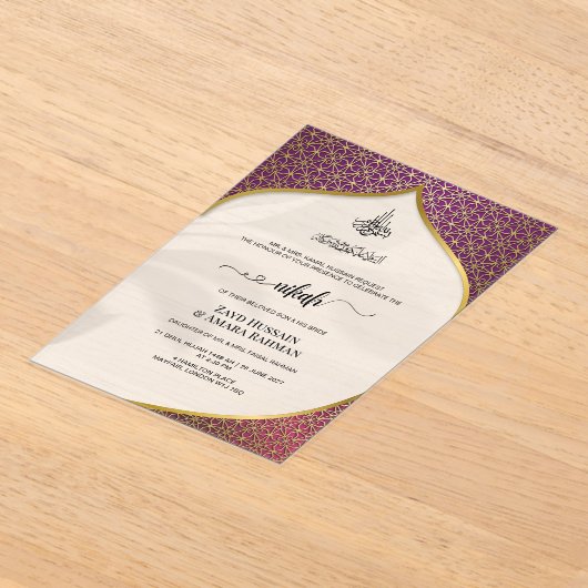 Luxe Deep Paarse & Goud Geometrische Islamitische Acryl Uitnodigingen (Laagn)