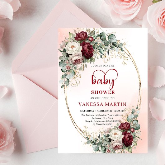 Luxe Deep Red Floral Heart-Shaped Font Baby Shower Kaart