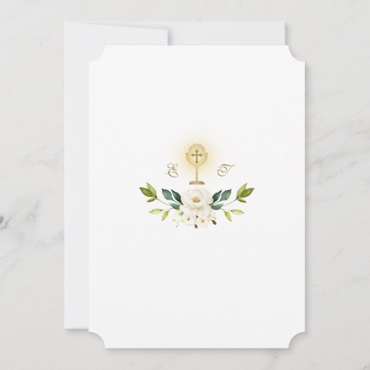 Luxe Delicate Witte Bloem Gouden Eerste Communie Kaart (Achterkant)