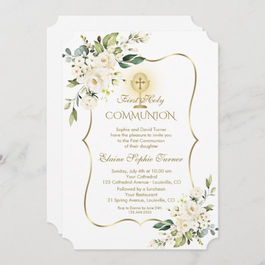 Luxe Delicate Witte Bloem Gouden Eerste Communie Kaart (Voorkant / Achterkant)