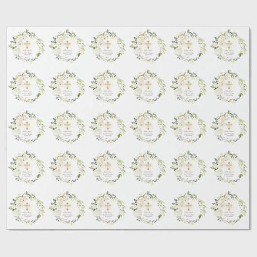 Luxe Delicate Witte Bloemen Gouden Kruis Doop Cadeaupapier (Vlak)