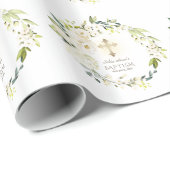 Luxe Delicate Witte Bloemen Gouden Kruis Doop Cadeaupapier (Rol Hoek)
