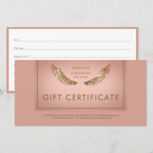 Luxe Design Lash Gift Certificaat Gouden Vleugels Bedankkaart (Voorkant / Achterkant)