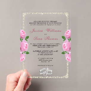 Luxe Diamant Gevatte Ringen & Roze Rozen Huwelijk Acryl Uitnodigingen